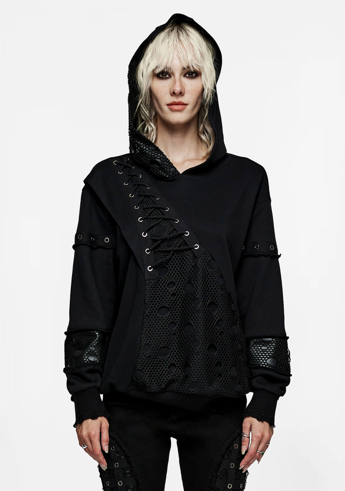 Metal Eyelet Mid-front Lace-Up Punk Hoodie