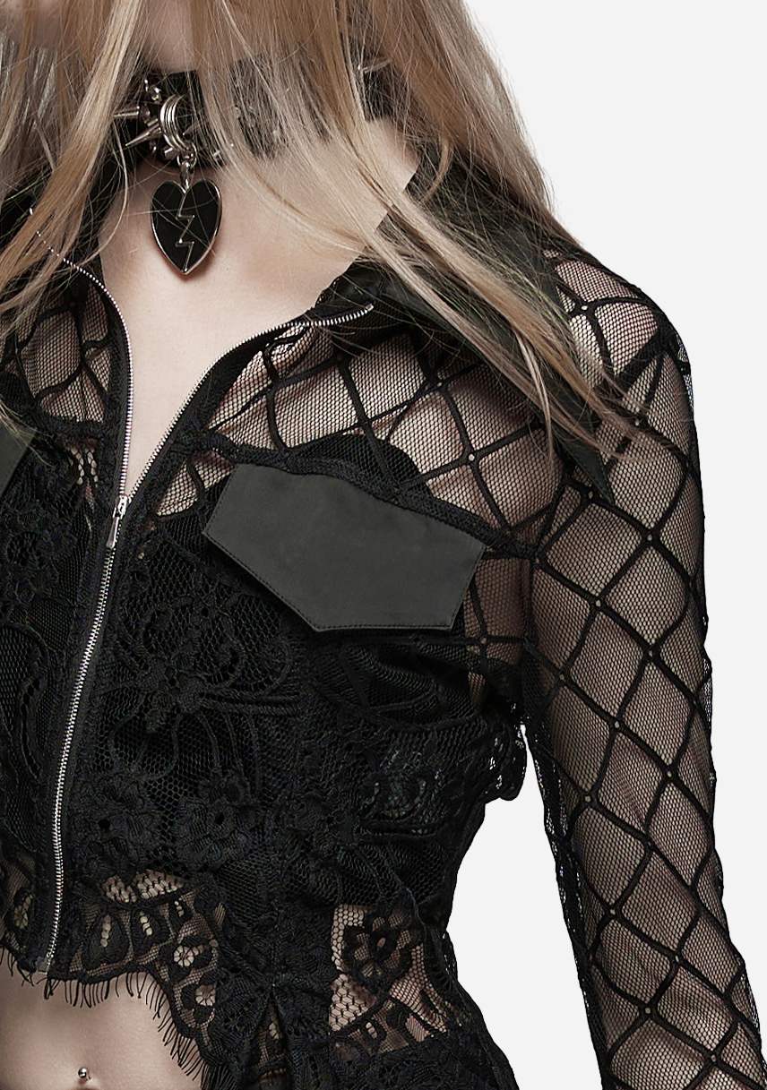 Punk Stand Collar Flared Sleeves Lace Cardigan