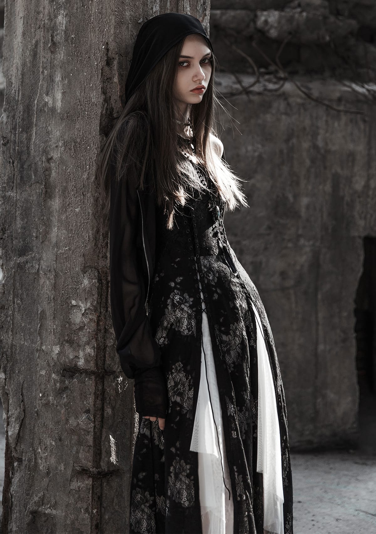 Gothic Eyelet Lace Strappy Slit Dress