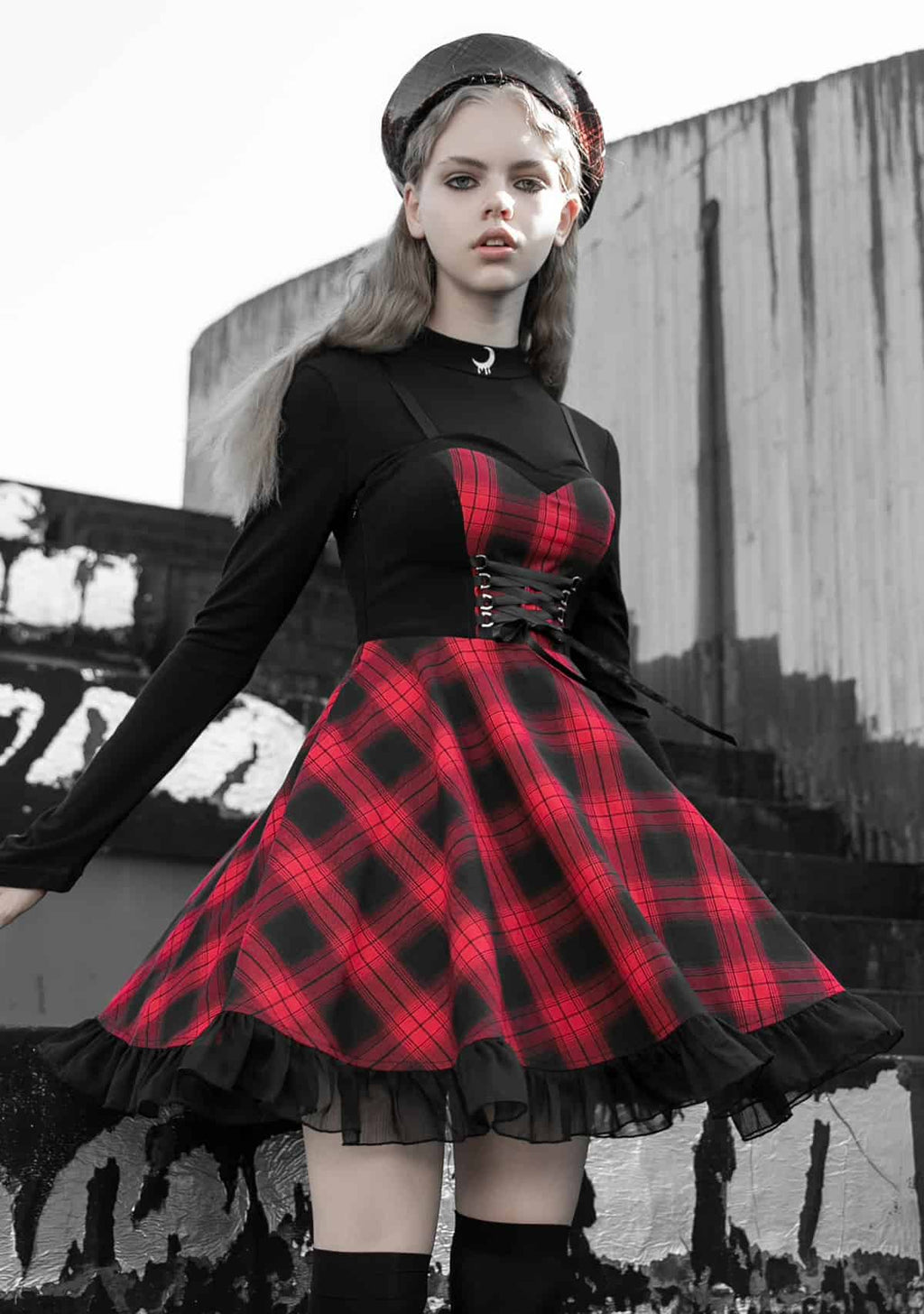 Goth Girl Red & Black Plaid Spaghetti Strap Mini Dresses (2 Colors