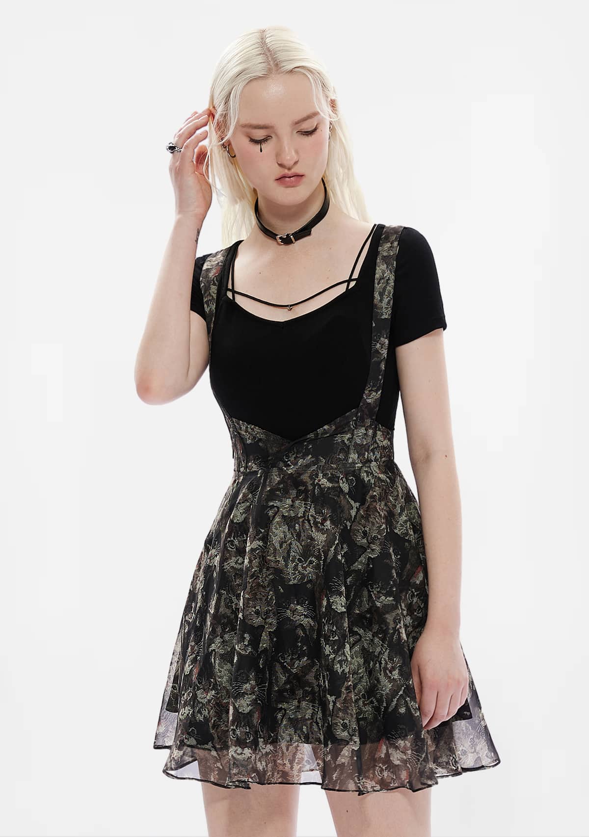 Gothic Cat Adjustable Straps Overall Dress