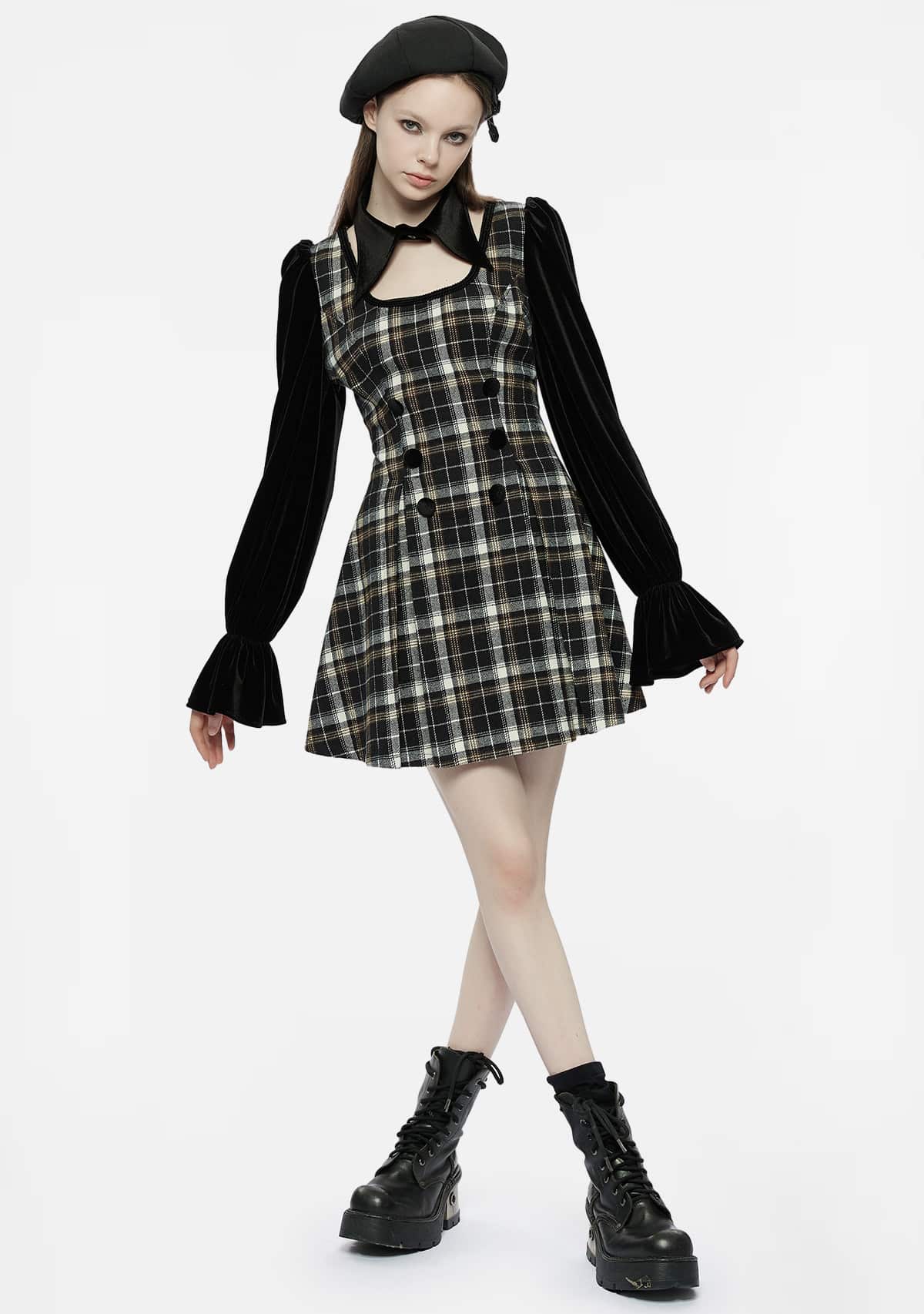 Gothic Plaid Dress with Velvet Accents