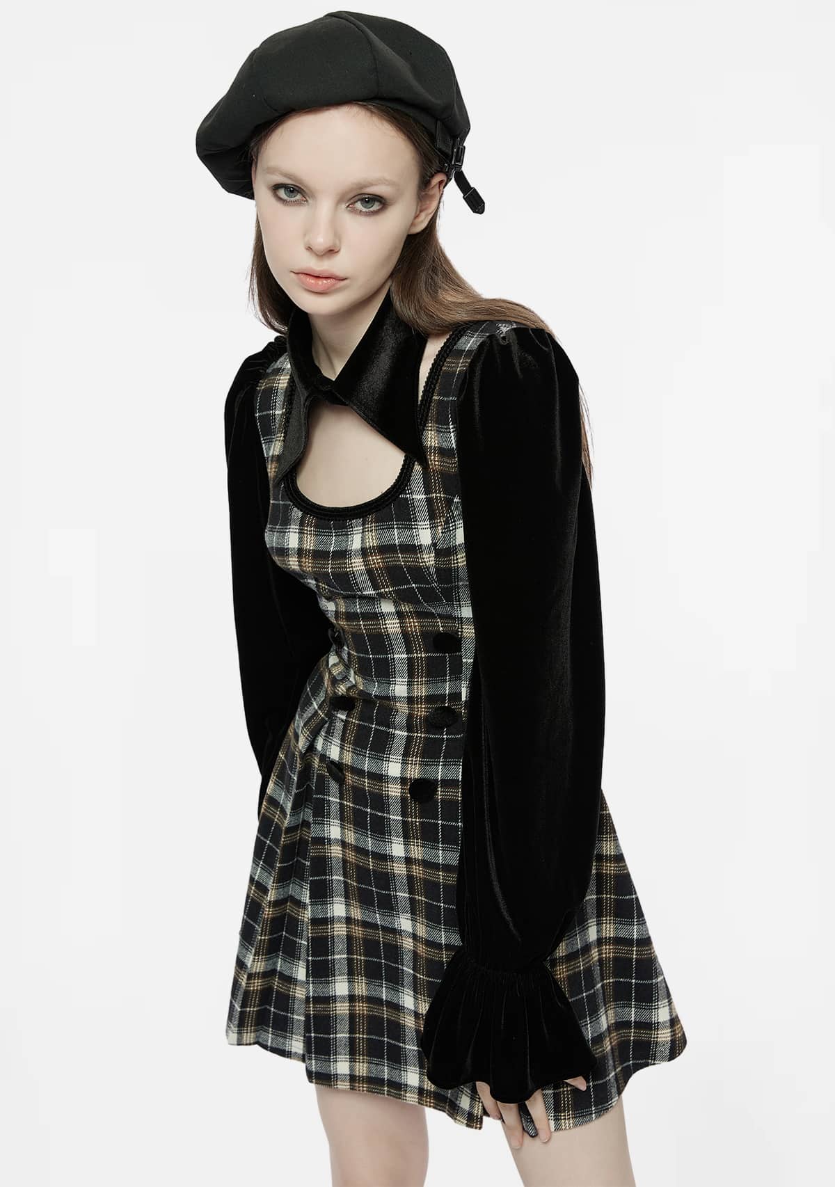 Gothic Plaid Dress with Velvet Accents